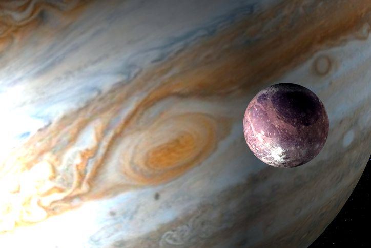 Jupiter planet and satellite Ganymede in the outer space. 3d render